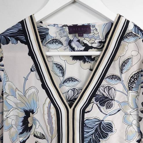 Hale Bob  100% Silk Blue White Floral V-Neck 3/4 Sleeve Flowy Blouse