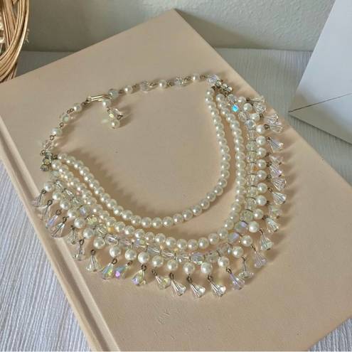 American Vintage Vintage “Darling” Three Strand Pearl Aurora Crystal Choker Necklace Rainbow