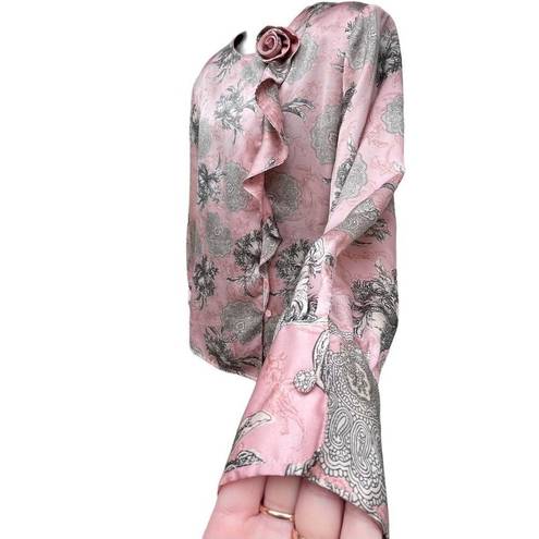 Blossom VTG 90s Floral Satin Button Up Blouse Flower  Detail Pink Women’s 12