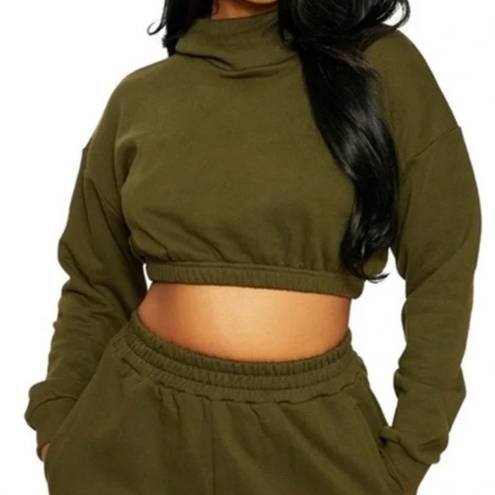 Naked Wardrobe NWOT  Olive Green Cropped Hoodie Size LARGE