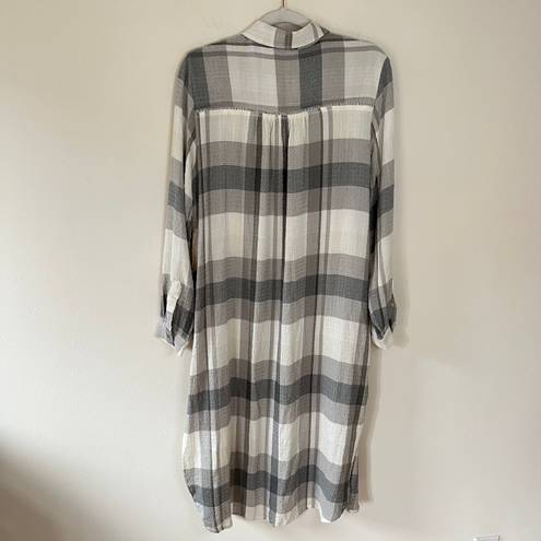 Pilcro Longline Plaid Long Sleeve Collared Button Down Tunic Shirt Gray White