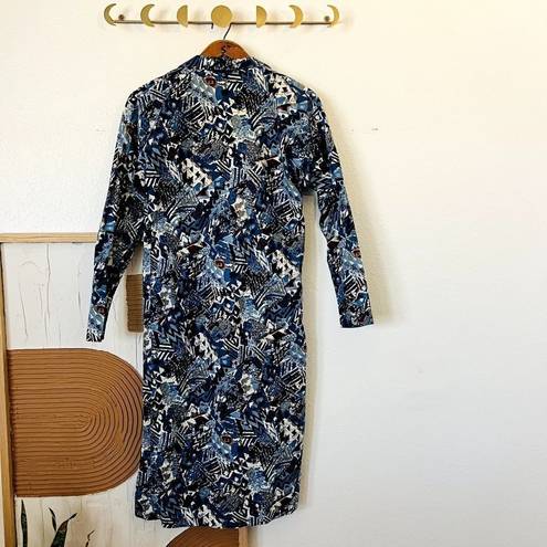 Vintage Blue  Abstract Printed Cotton Long Collared House Duster Blazer Trench