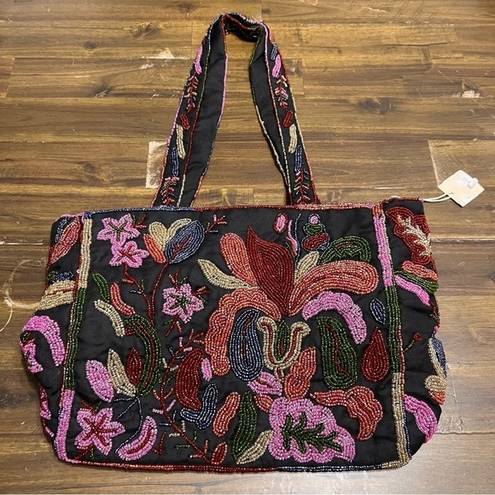 Hand Beaded Floral Botanical Tote Handbag Black Made in India