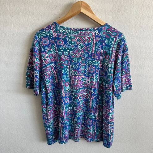 Jantzen VINTAGE  90s Geometric Blue Purple Floral T-Shirt Top Womens