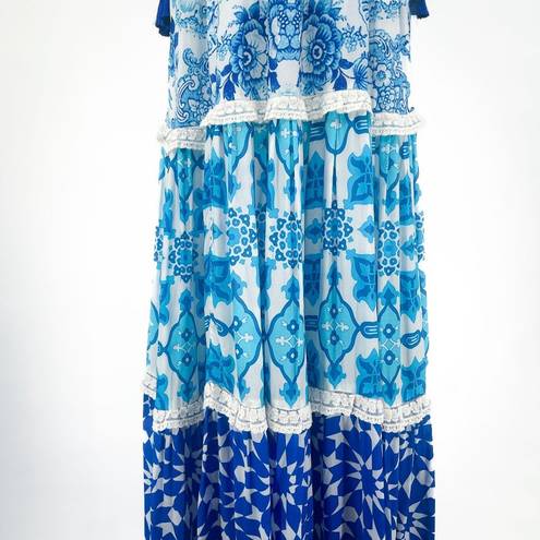 Rococo  Sand Oriental Labyrinth Printed Sleeveless Tassel Lace Tiered Maxi Dress