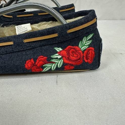 SO  Women's Embroidered Rose Denim Moccasin Slippers Size XL