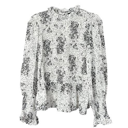 fab'rik  Women's Speckle Print Long Sleeve Smocked Blouse White Black Size Medium