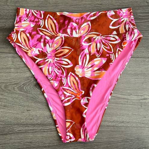 Aerie NWT  High Cut Cheeky Bikini Bottom Floral Rust Red Hot Pink Size Large