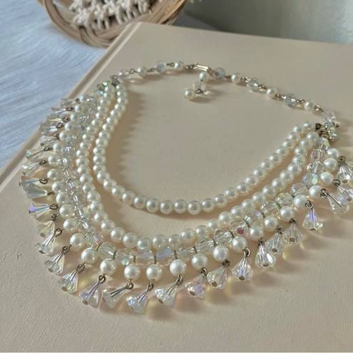 American Vintage Vintage “Darling” Three Strand Pearl Aurora Crystal Choker Necklace Rainbow