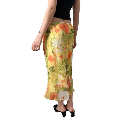 vintage 90s y2k yellow floral print layered mesh lettuce hem midi maxi skirt