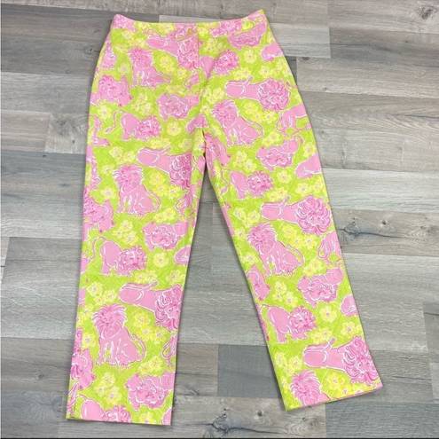 Lilly Pulitzer Vintage  Lion Print Crop Capri Pants Flat Front Lime Green Pink 4