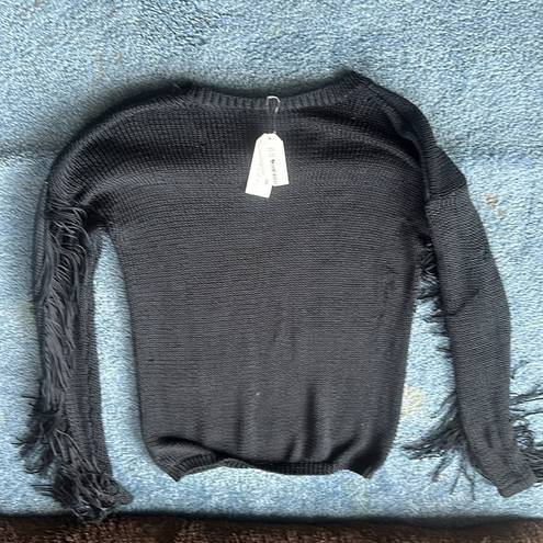 The Moon  & Meadow black sweater fringe along arms fun poly nwt slight pulls as pic