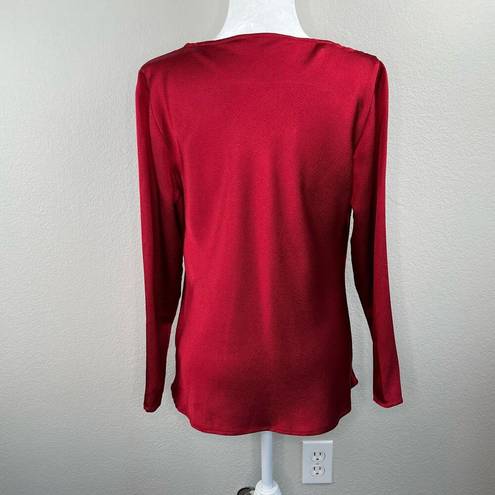 Natori  Solid Red Long Sleeve Draped Cowl Neck Textured Top Women’s Size Medium