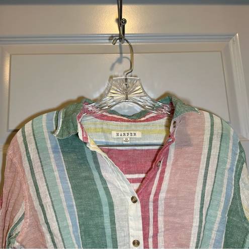 Harper  Multicolor Striped 3/4 Roll Tab Sleeve Button Up Tie Knot Blouse XS