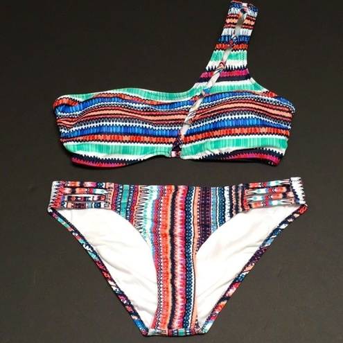 Jessica Simpson  multicolored one-shouldered bikini