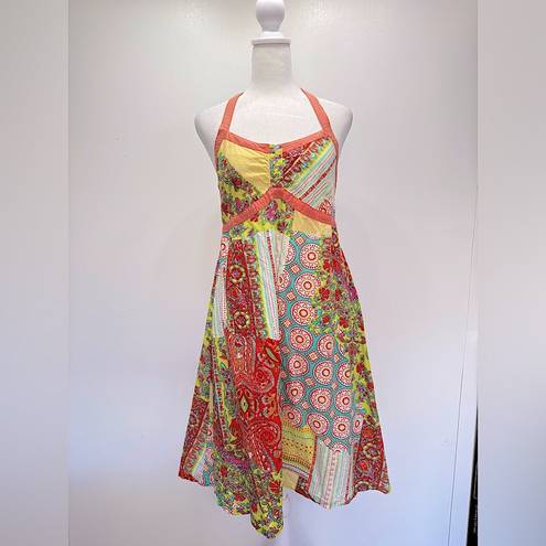 Pura Vida  Lightweight Patchwork Boho Paisley Print Halter Neckline Sundress S