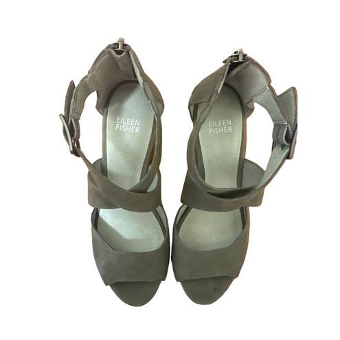 Eileen Fisher  Women’s Carole Wedge Sandals in Gray Leather Size 7.5