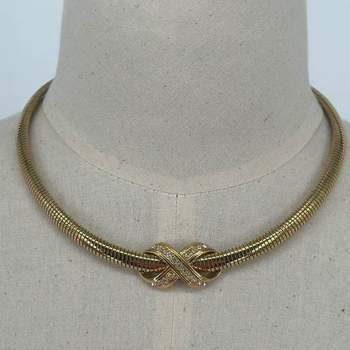 infinity Collar Necklace in Gold Tone with Rhinestone Inset  Pendant