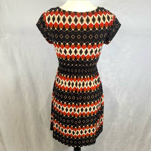 Cristina Love black and burnt orange abstract print smocked dress size medium