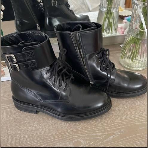 All Saints Donita Black Leather Combat Boots 37 Lace Up Zip Buckle Lug Sole