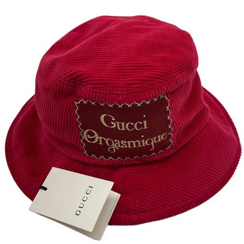 Gucci  New Red Corduroy Cotton “Orgasmique” Patch Bucket Hat