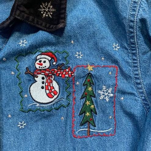 Basic Editions  Vintage Shirt Chambray Holiday Button Front Black Velvet Snowman