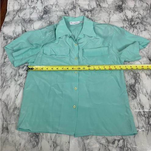 Oscar de la Renta  100% Silk Teal Blue Green Button Down Top size 6 short sleeve