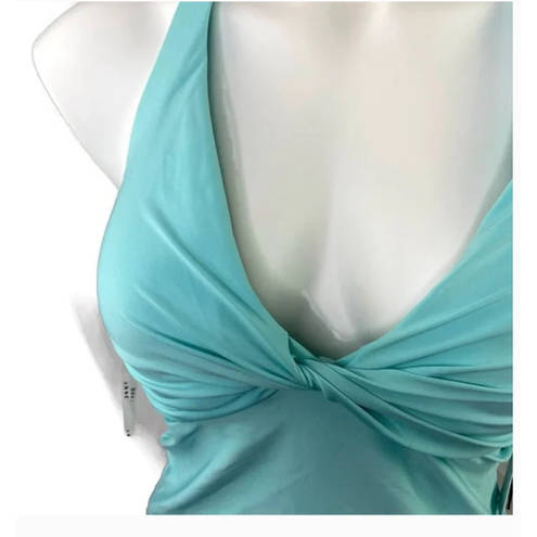 DKNY  Solid Twist Front Halter Swim Bikini Tankini Top Light Blue Large NWT