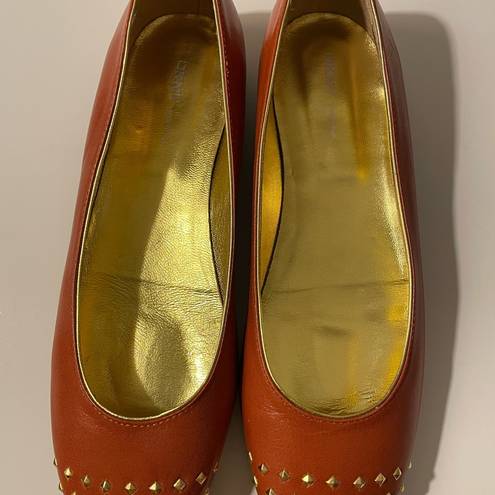 DKNY Donna Karan NY  Gold Studded Pumpkin Rust Leather Italy Flats 8.5 NWOT