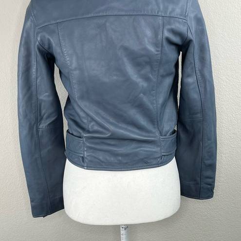 All Saints Balfern Flint Blue Belted Crop Leather Moto Jacket Size 4