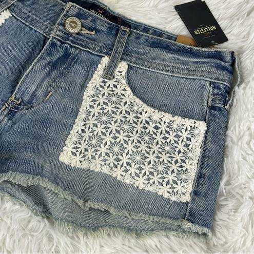 Hollister  Short-Short Low Rise Lace Pocket Raw Hem Blue Denim Jean Shorts 00 New