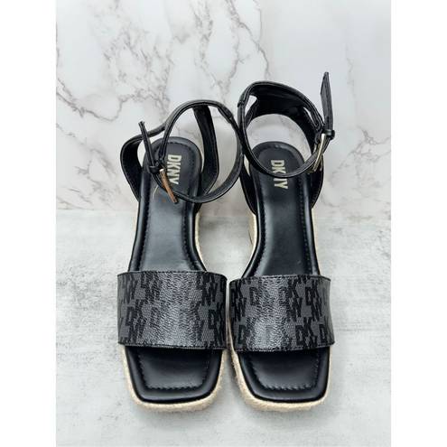 DKNY  Sandals Womens Size 6.5 Black Ankle Strap Espadrille Open Toe Wedges New