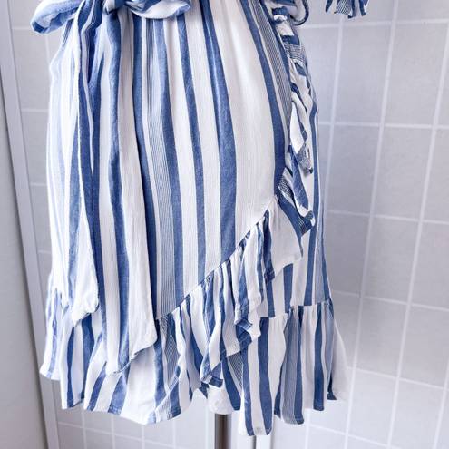 Lost + Wander Blue and White Striped Ruffle Mini Dress