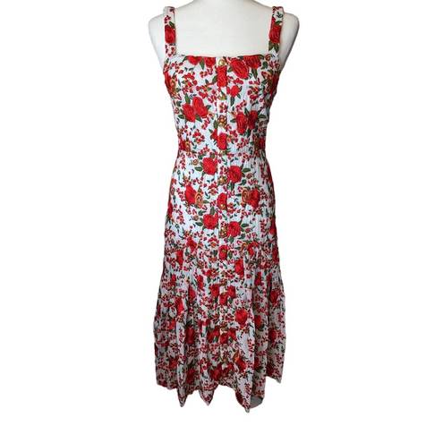 Alexis Midi Dress Red Embroidered Floral Rose Size Small Wedding Guest