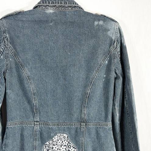 DKNY  Small Jean Jacket Reworked Denim Hand Embroidered Bleached Distressed 509