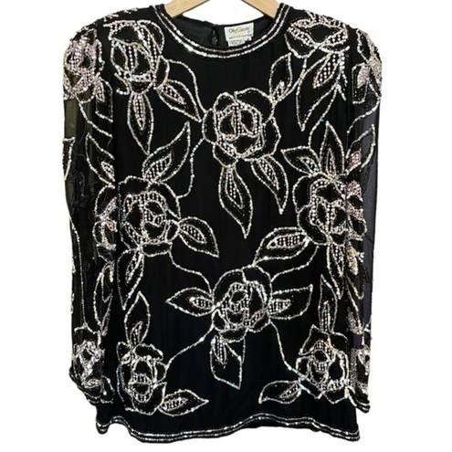 Oleg Cassini Authentic  Vintage Beaded Black Silk Floral Top Blouse