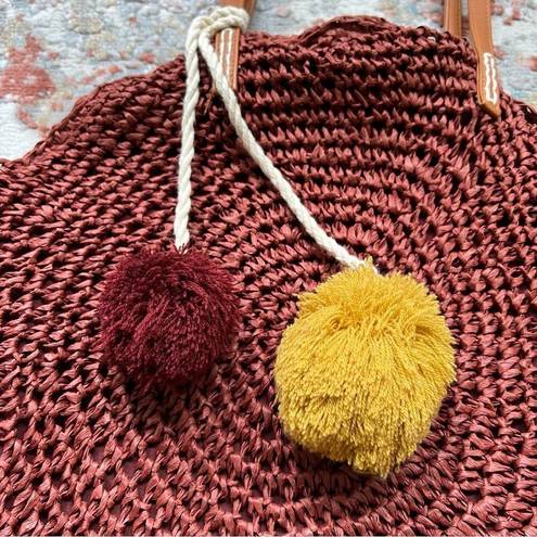 American Eagle  Straw Beach Bag Circular Rust Dark Red Tote with Pom Poms