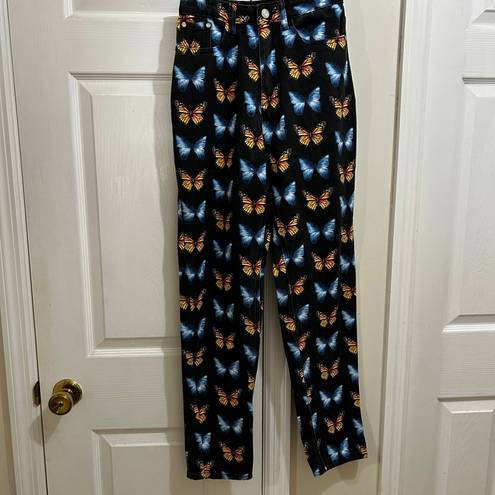 Missguided  Butterfly Jeans!  Black Denim with Orange & Blue Pattern.  Waist 26