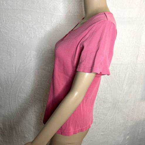 Petite Sophisticate Pink Ribbed Button Short Sleeve Tee