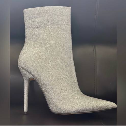 EGO DEVOTED POINTED TOE STILETTO HEEL ANKLE BOOT IN SILVER GLITTER