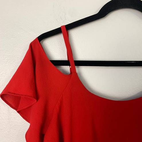 Bobeau  Red Cold Shoulder Ruffle Top Blouse Adjustable Shoulder Straps Size Small