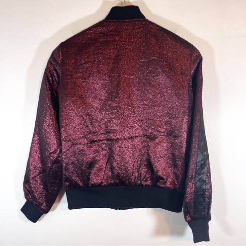 Cinq à Sept  Venus Lamé Bomber Jacket Wine Metallic Satin Trim Size XS