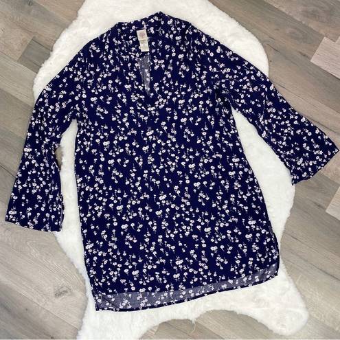 In Bloom Floral Bell Sleeve Tunic Shirt Dress Blue White Small