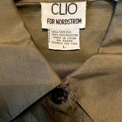 Nordstrom 80s Vintage CLIO For  Button Down Shirt 100% Silk Short Sleeve Green L