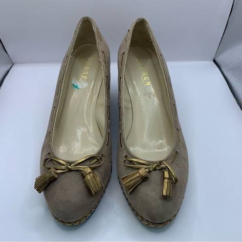 Ralph Lauren  Tan Cambree Tassel Bow Braided Woven Gold Heel Wedge  Womens Sz 8