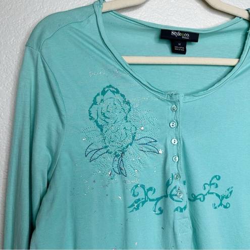 Style & Co NWT  Green Embroidered Henley 3/4 Sleeves Top