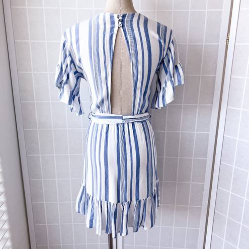 Lost + Wander Blue and White Striped Ruffle Mini Dress