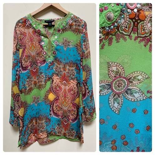 Saint Tropez West  Silk Mixed Print Sheer Swim Cover Up Tunic See Description