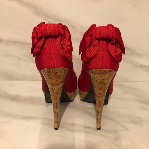 Bebe  Stiletto High Heels Kahilia Ruby Red Size 8 Platform Cork Bow Formal