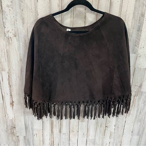 Vera Pelle  Brown Suede Leather Fringe Boho Cape Poncho Western Italian